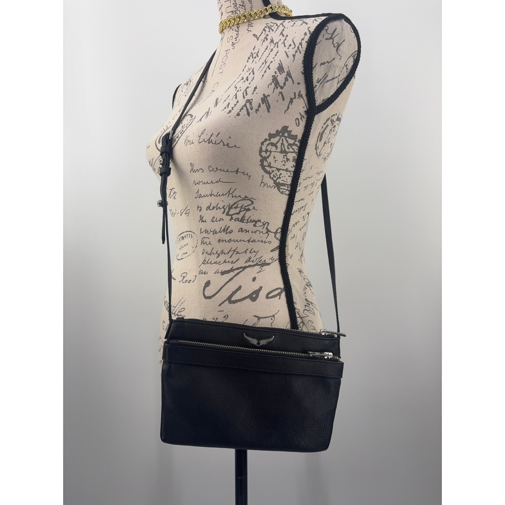 B39 Zadig & Voltaire Stella City Crossbody Bag Black Leather Clutch Top Zip